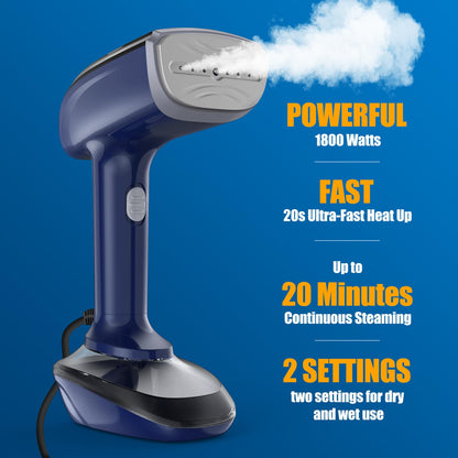 Powerful Handheld Fabric Steamer - 1800W with Fast Ceramic Heat-Up Plate, 2-in-1 Ironing & Wrinkle Remover, Steam Nozzle, Lint Brush - Blue, 220V