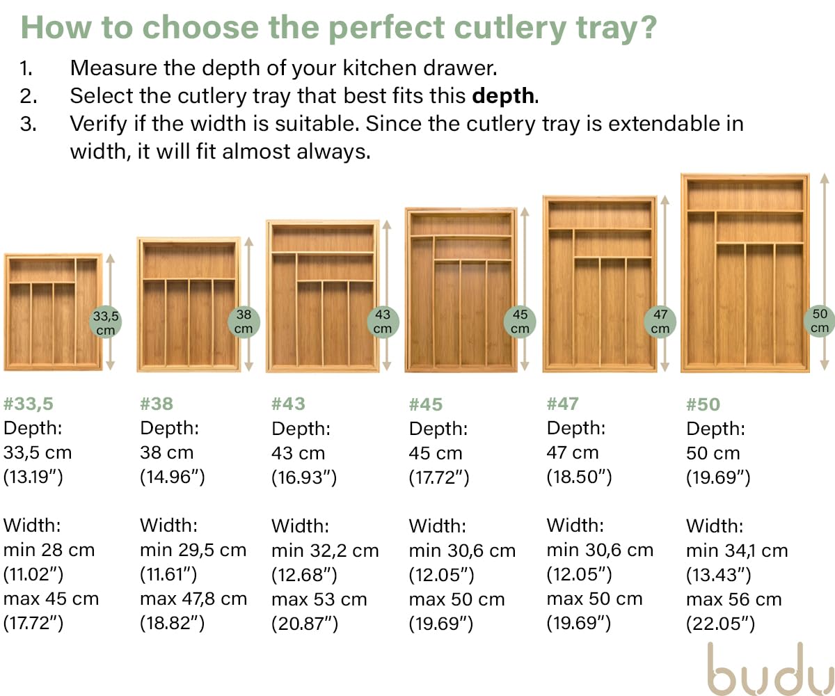 budu Cutlery Tray #50 (Depth 50 cm) Made of Bamboo - Drawer Organiser System for the Kitchen - Cutlery Tray for Bamboo Drawers - Extendable - Kitchen