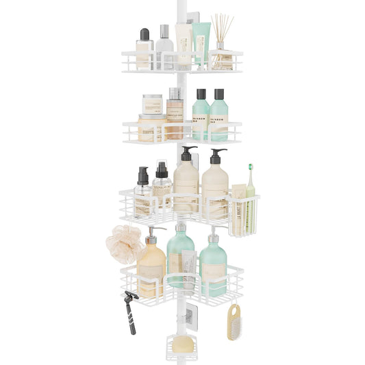 SWTYMIKI Shower Caddy Tension Pole - 4-Tier Corner Shower Organizer Tension Rod with Soap Holder, Toothbrush Holder & 4 Hooks, Adjustable Stainless