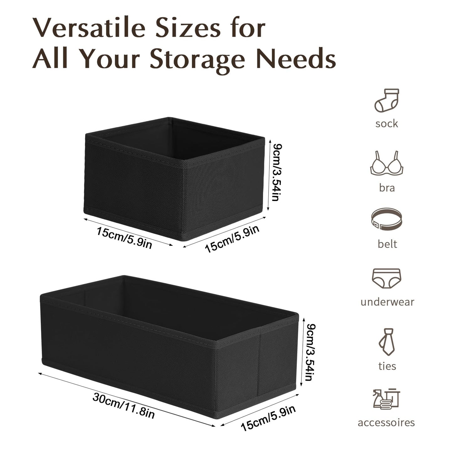 DIMJ Drawer Dividers for Clothes, Wardrobe Storage Organiser, 4 Pack, Black