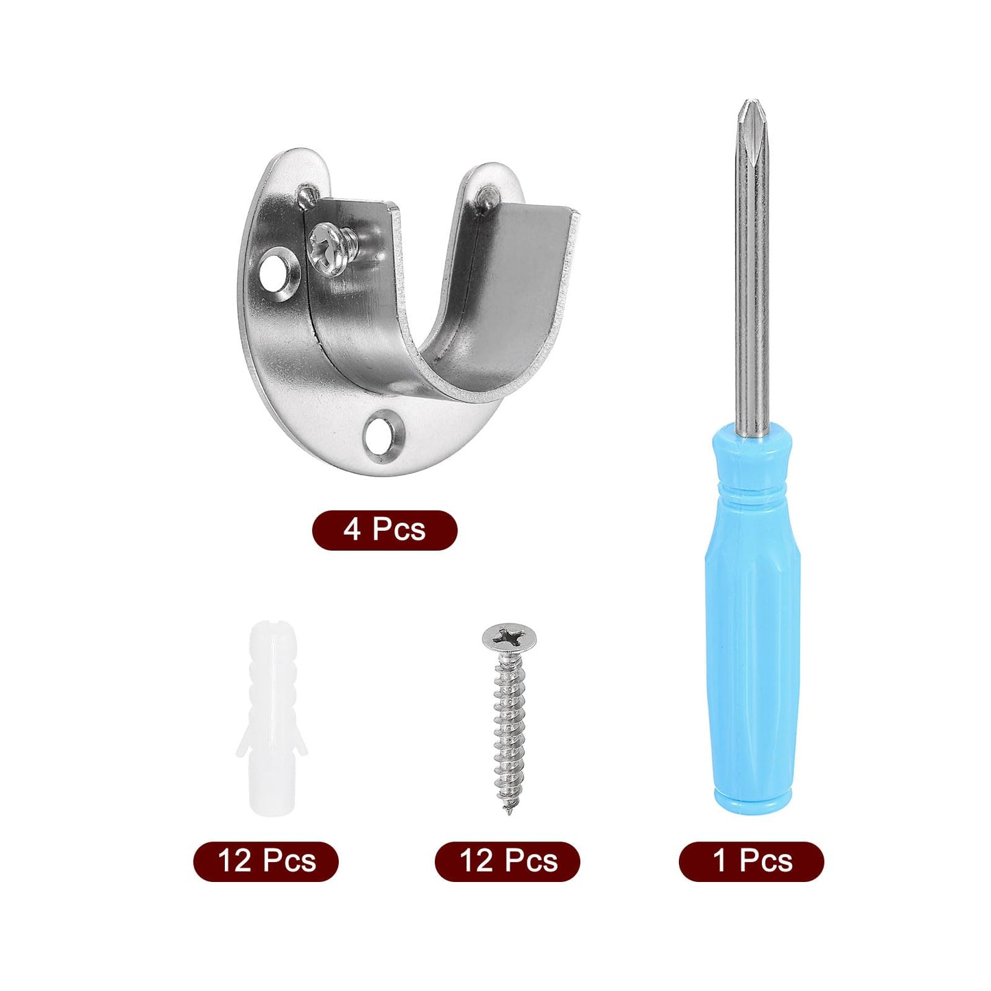 sourcing map 4pcs Stainless Steel Closet Rod Holder Set U-Shaped 0.79" Dia Shower Rod Flange Socket Wardrobe Bracket with Screwdriver and Expansion