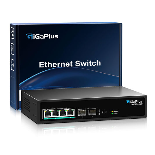 6 Port 2.5Gb Unmanaged PoE Switch with 4*2.5G Base-T PoE Ports, 2*10G SFP+ Uplink, 802.3af/at (PoE+), 60Gbps Switching Capacity, GigaPlus 2.5G PoE