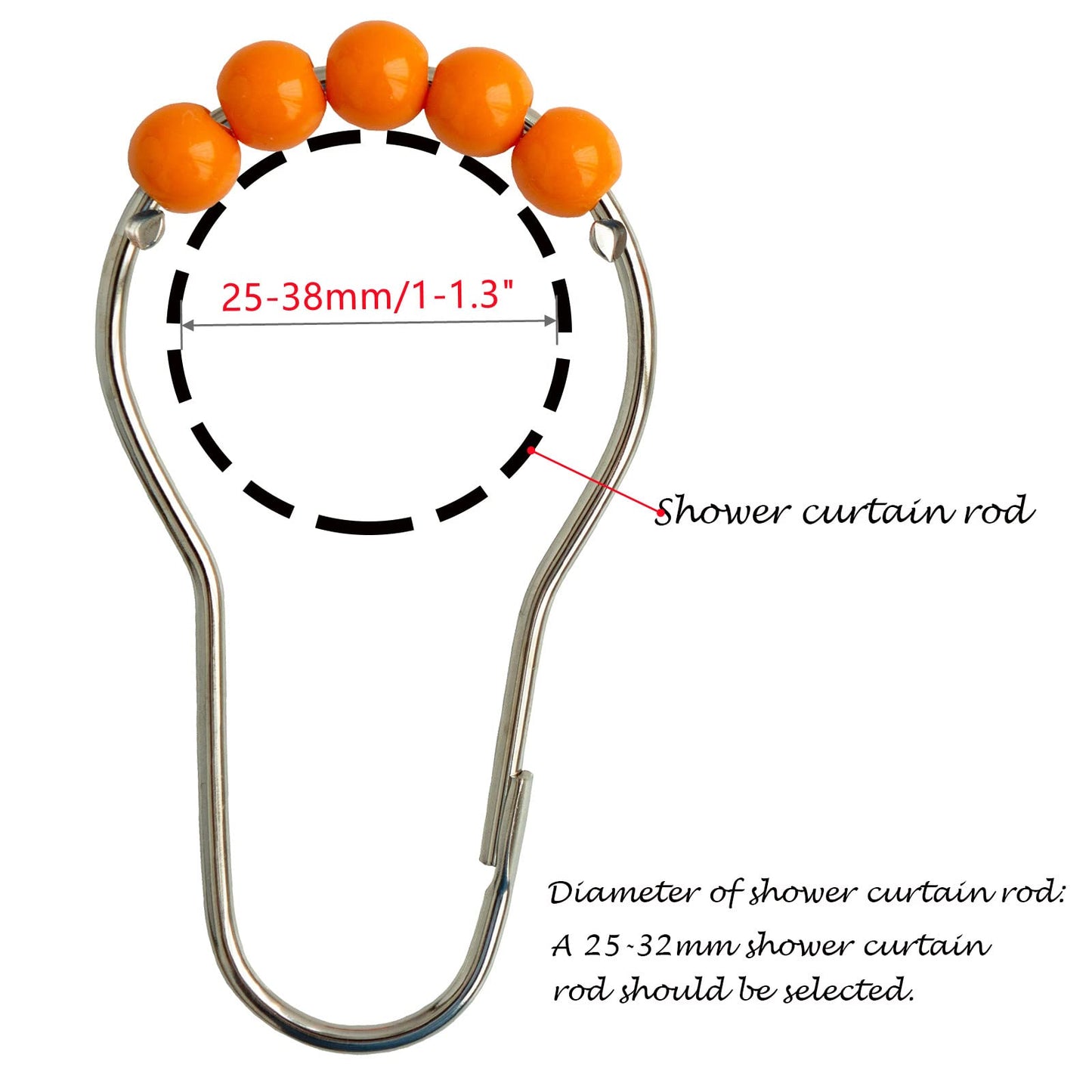 Shower Curtain Hooks Rings Stainless Steel Shower Hooks Orange Acrylic roller Balls Rustproof Heavy Duty for Bathroom Curtain(Orange)