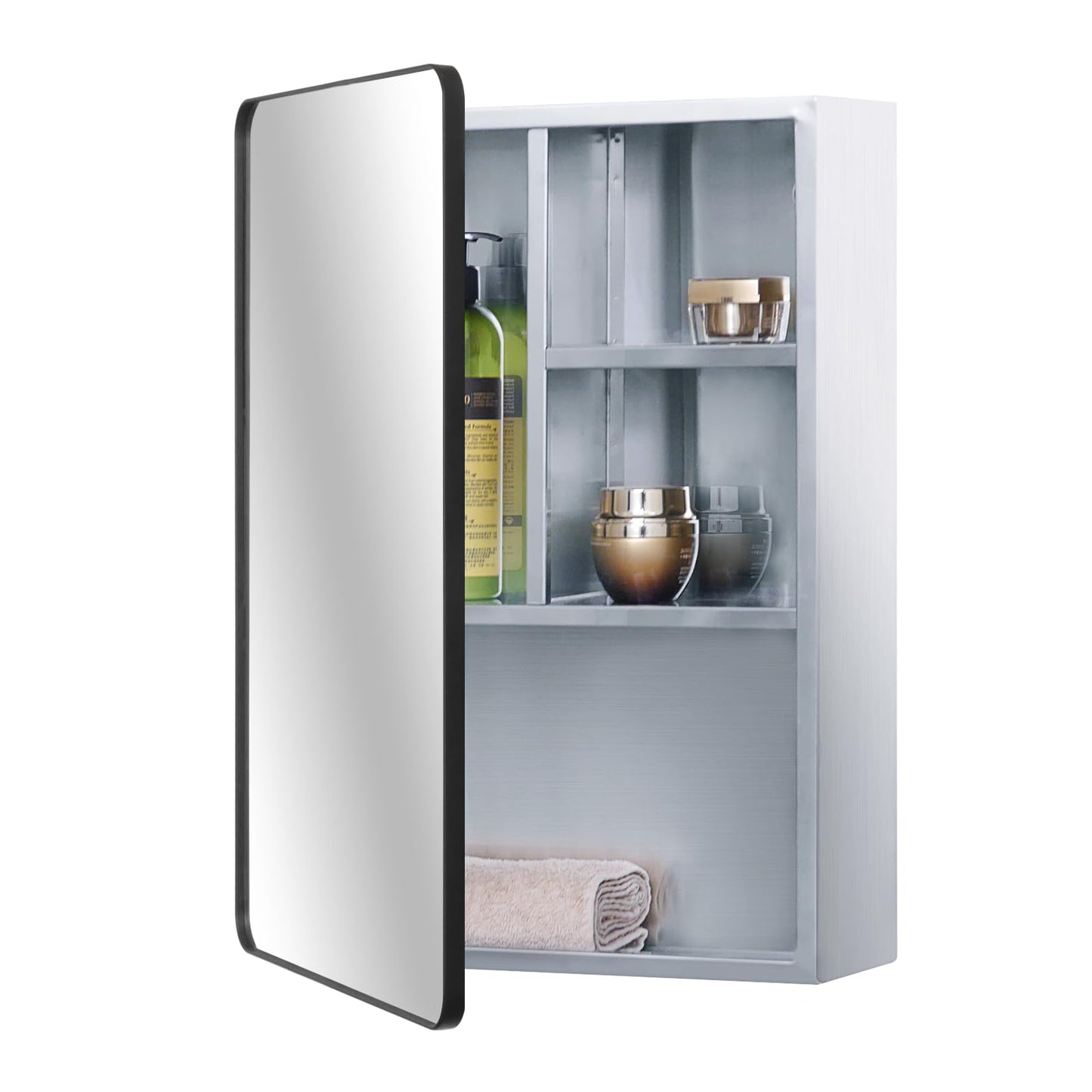 Fundin Stainless Steel Bathroom Mirror Cabinet with Matt Black Framed Door, multi shelves,37x53 cm (15 x 21 inch)
