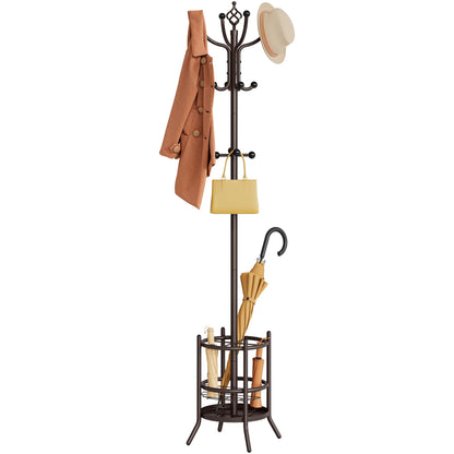Tajsoon Coat Rack with Umbrella Stand, Coat Tree With 16 Hooks, Brown