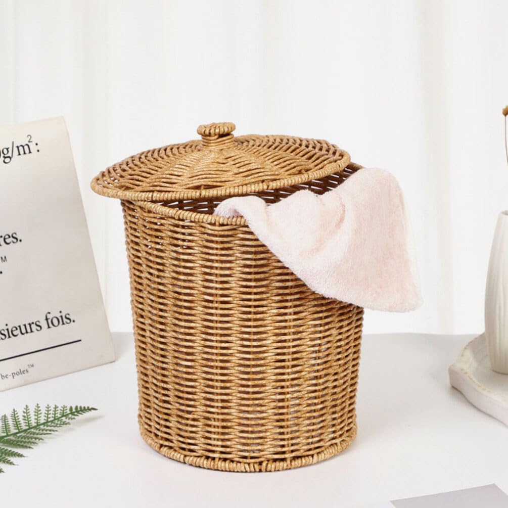 PRETYZOOM Portable Laundry Basket with Lid Woven Storage Bin for Dirty Clothes Sundries and Household Organizing 11X9X9 Inch Compact Container