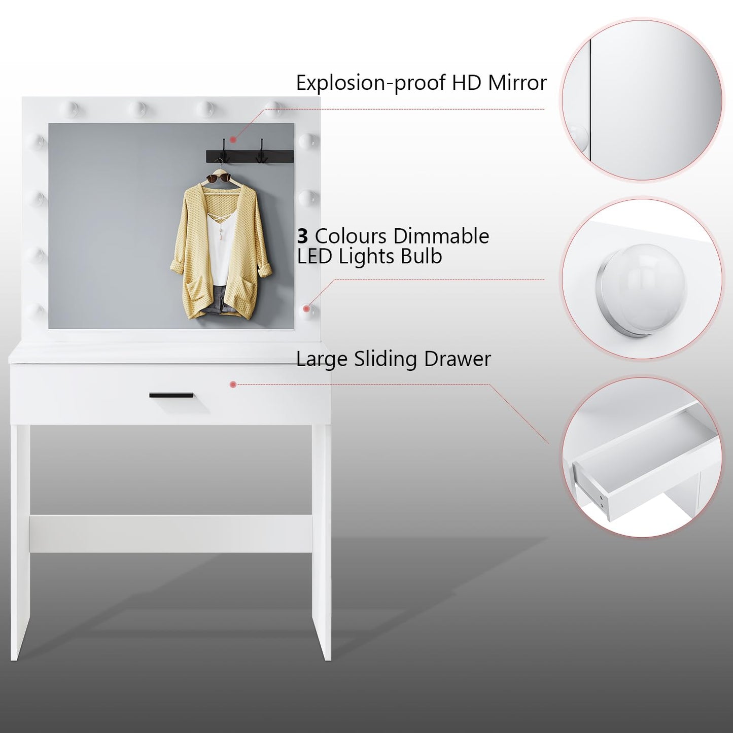 ZANOFIRA White Dressing Table with Hollywood LED Mirror, Space Saving Makeup Desk with Adjustable Brightness & 3 Color Modes