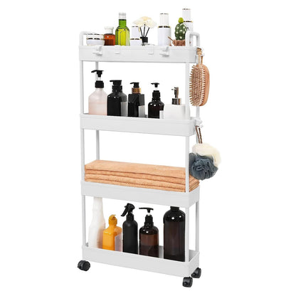 4-Tier Slim Rolling Storage Cart on Wheels, Slide Out Thin Utility Cart Kitchen Trolley with Wheels