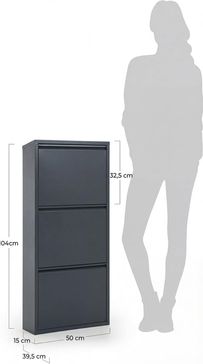 formood 3 Tier Metal Shoe Cabinet – Slim 15cm Wall Mounted Storage Cupboard with Pulldown Doors, Holds 6–9 Pairs