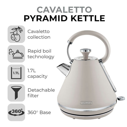 Tower T10044MSH Cavaletto Pyramid Kettle with Fast Boil, Detachable Filter, 1.7L, 3000 W, Latte and Chrome Accents