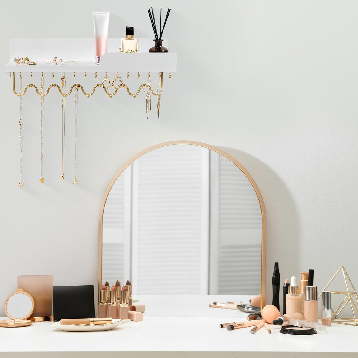 Lampaggio 29 Hooks Wall Mount Necklace Holder Organizer, White Decorative Wood Jewelry Shelf with Gold Metal Wave Bar and Guardrail for Necklace