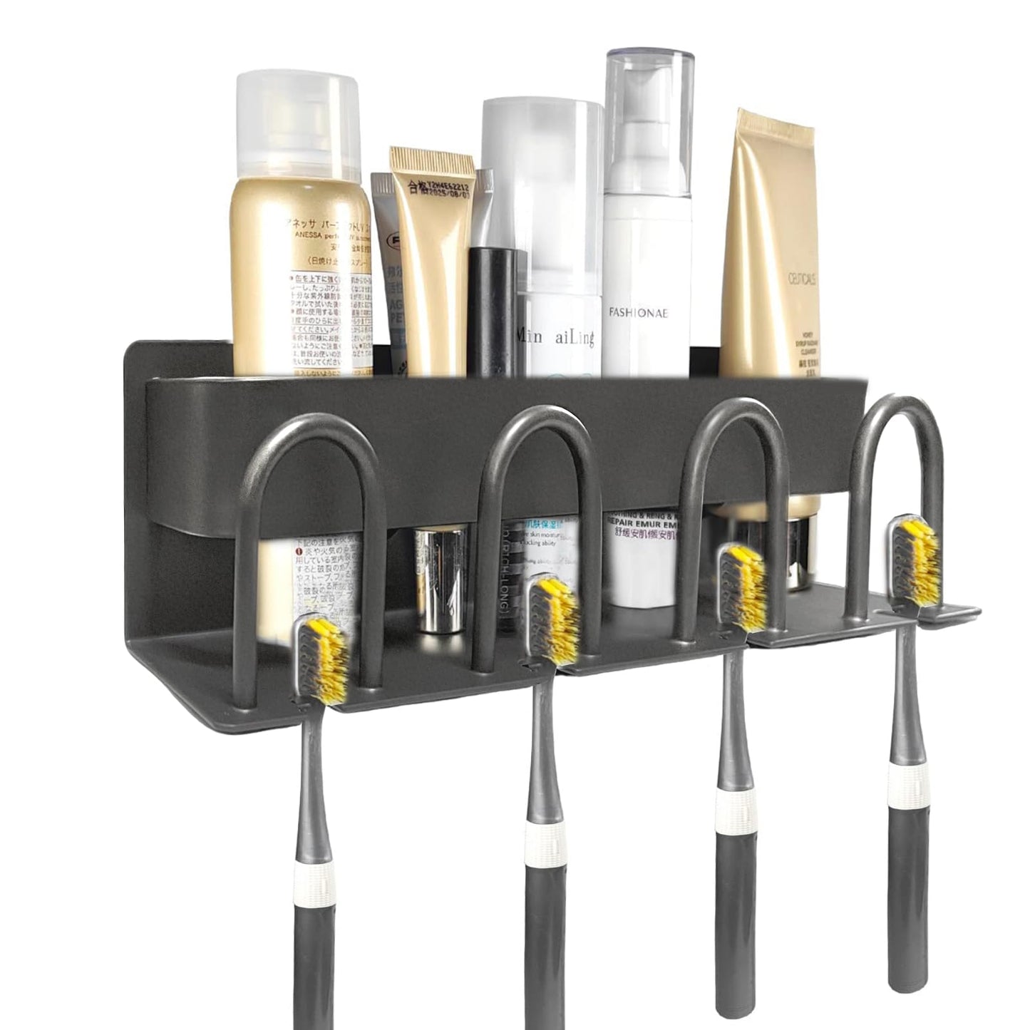 Toothbrush Holder Wall-Mounted, 4 Slots for Electric & Manual Toothbrushes, Self-Adhesive or Drill Installation, Space-Saving Bathroom Organizer, Grey