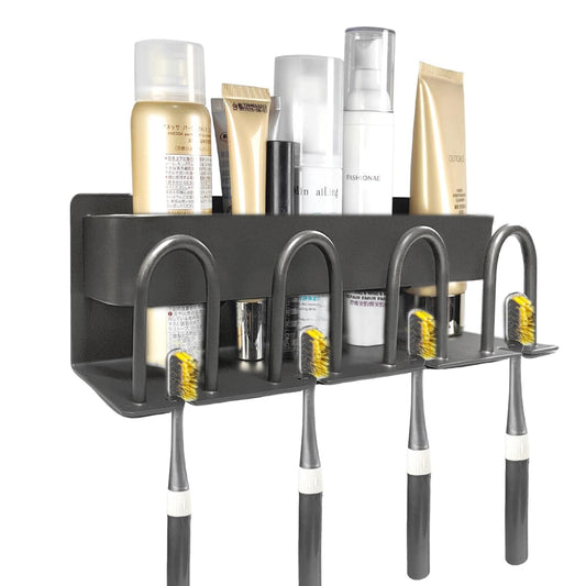 Toothbrush Holder Wall-Mounted, 4 Slots for Electric & Manual Toothbrushes, Self-Adhesive or Drill Installation, Space-Saving Bathroom Organizer, Grey