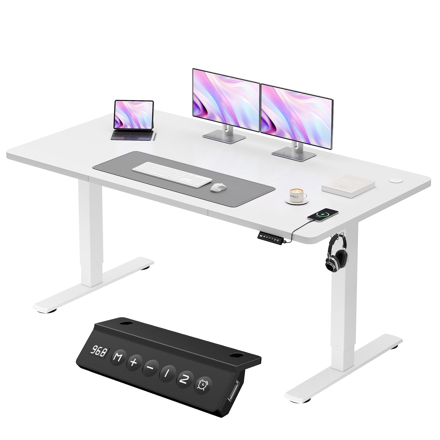 JUMMICO Electric Standing Desk 160x60cm – Height Adjustable with USB Charging, Sedentary Reminder, Memory Heights for Home Office Use, White