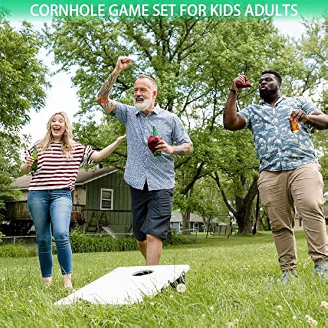 Pointyard Outdoor Cornhole Set - Regulation Cornhole Games with 8 All-Weather Bean Bags and Carrying Case - Portable Backyard Board Game for Teens Adults Family