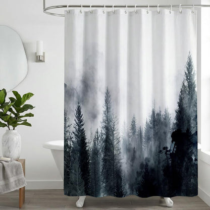 Rohxyzo Washable Shower Curtain with Hooks, Wet Room Shower Curtain 180 x 180 cm, Ink Art Misty Forest Print
