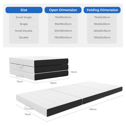 Vesgantti Folding Mattress Single Size, 10CM Gel Memory Foam Foldable Mattress Tri-fold for Travel, Camping, Guest Bed - 100-Night Trial, CertiPUR-US