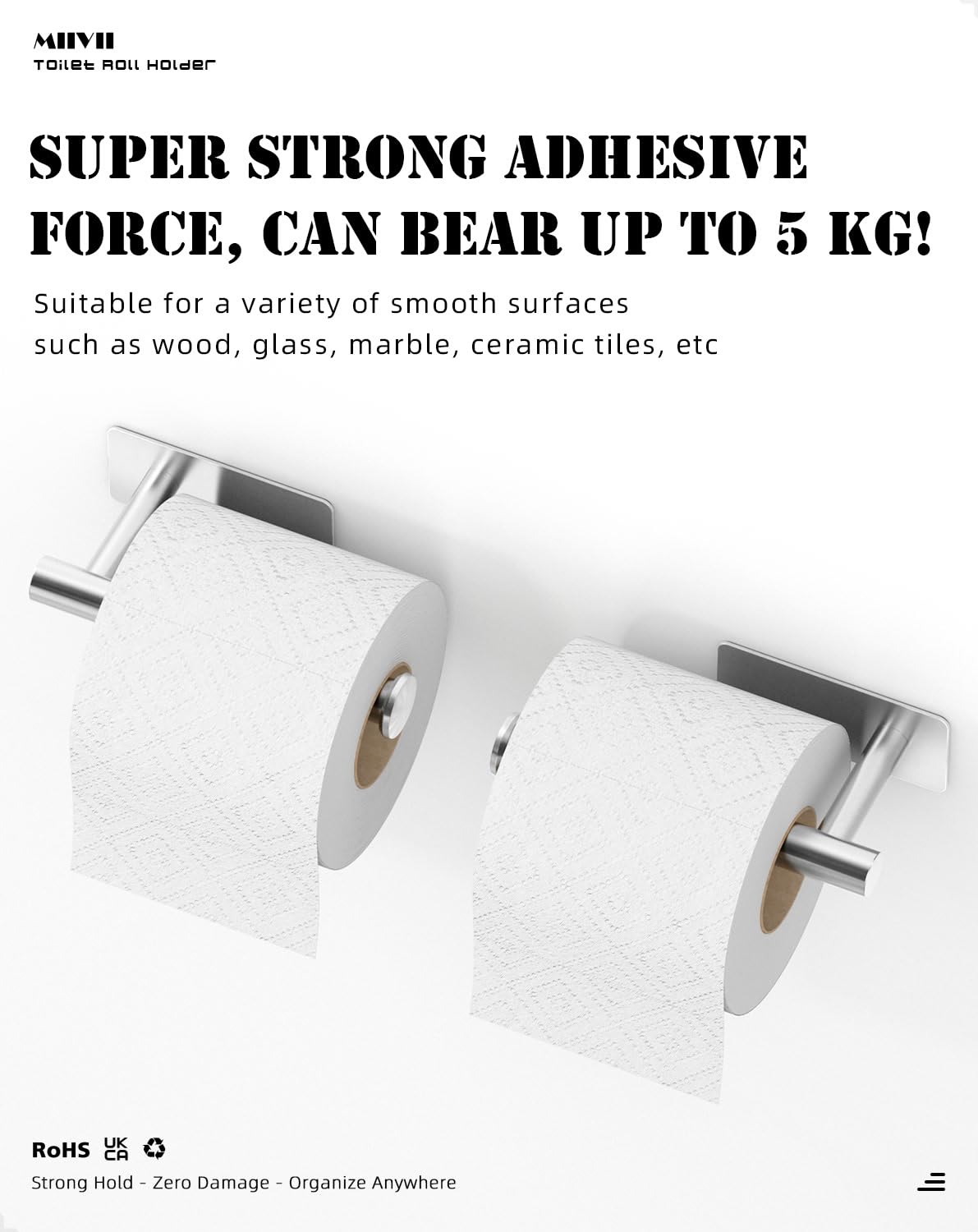 2PCS Toilet Roll Holder Self Adhesive, Paper Towel Holder Stainless Steel Rack Wall-Mounted for Kitchen, Bathroom