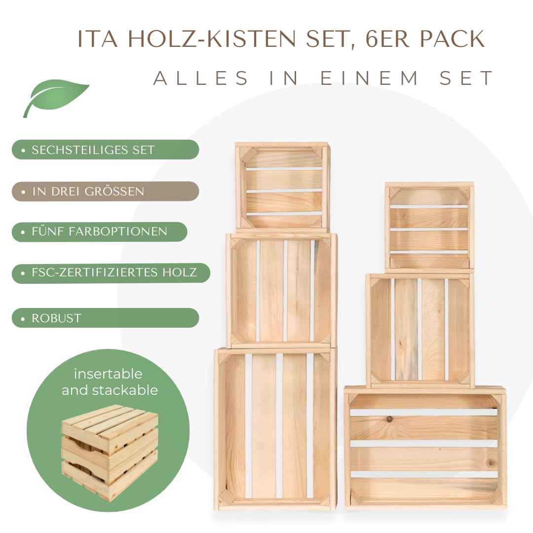 ITA Alina Wooden Crates Set, 6 Storage Crates in 3 Sizes, Decorative Wooden Storage Boxes, Stackable & Nestable, FSC-Certified Wood, Made in EU