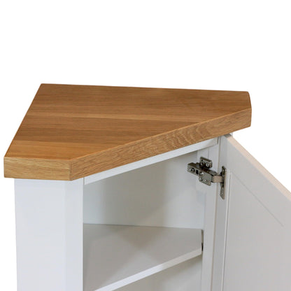 GROF Furniture Chunky Corner Unit, All White Painted Storage Cuboard, Triangle Unit Oak Top fit well in Livingroom, Bathroom & Hallway