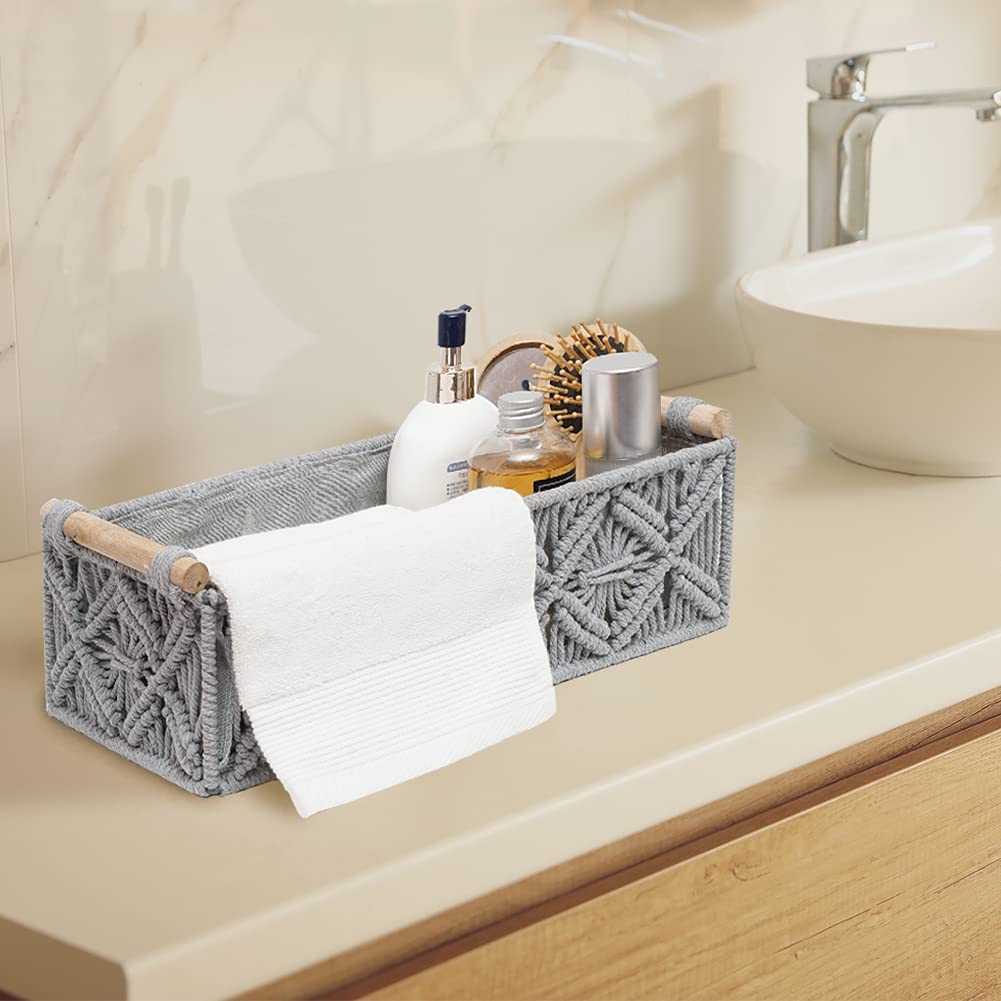 Macrame Storage Basket Boho Decor Baskets for Organizing Woven Decorative Countertop Toilet Paper Tank Top Home Bedroom Nursery Livingroom Entryway