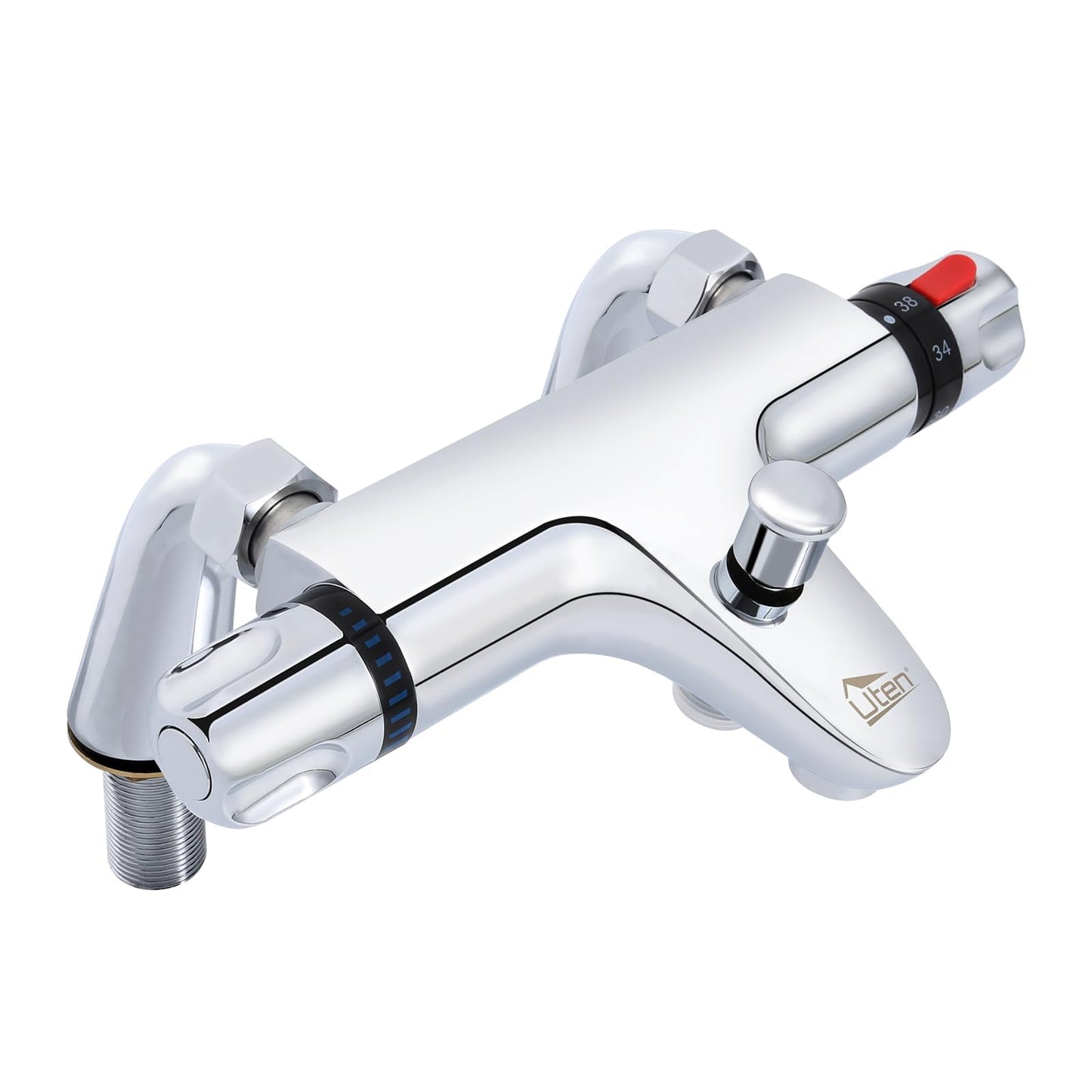 Chrome Thermostatic Bath Shower Mixer, Uten 38?C Safety Lock Anti-Scald, Thermostatic Shower Valve with Bath Filler Spout, Chrome Modern Mixer Tap