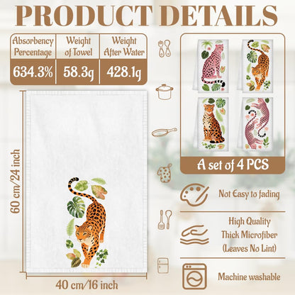 WADORN 4 Styles Leopard Kitchen Towels 16x24 Inch Microfiber Leopard Decorative Hand Dish Towels Spring Summer Soft Absorbent Quick Drying Tea Towel