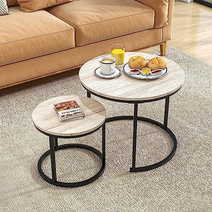 HOJINLINERO Round Coffee Table Nesting Table Set of 2,Small Coffee Table Living Room,Black Metal Frame with Wood Sofa Table,Sturdy and Easy