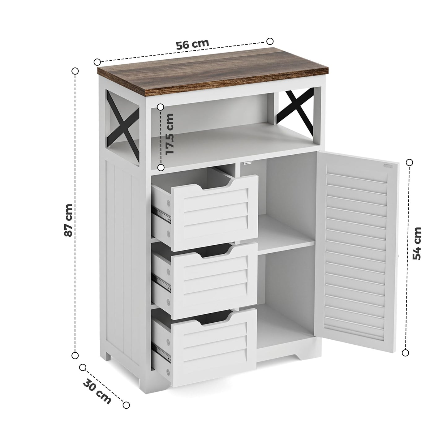 BonVache Kitchen Cabinet, Louvre design, Sideboard with Open Compartment and Drawer, Kitchen Cupboard with Adjustable Shelf, Ideal for Dining Room