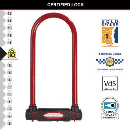 Master Lock Heavy Duty Bike D Lock, Key, Universal Mounting Bracket, Certified Bike Lock, Long Shackle, Red 8195EURDPROLWR - Use with Electric,