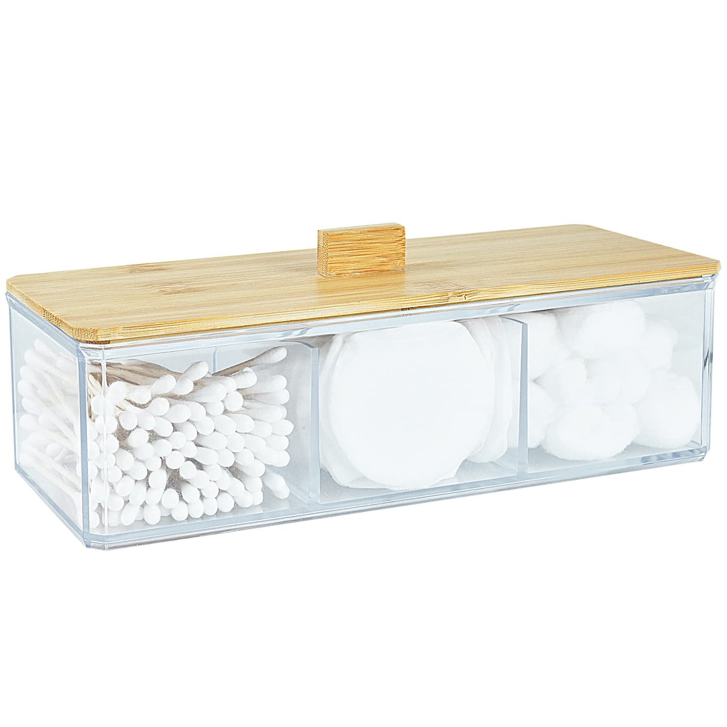 Acrylic Qtip Holder Dispenser with Wood Lid, 3 Compartment Cotton Ball Holder, Bathroom Organizer for Q Tip, Cotton Swab and Cotton Pad Holder, Vanity