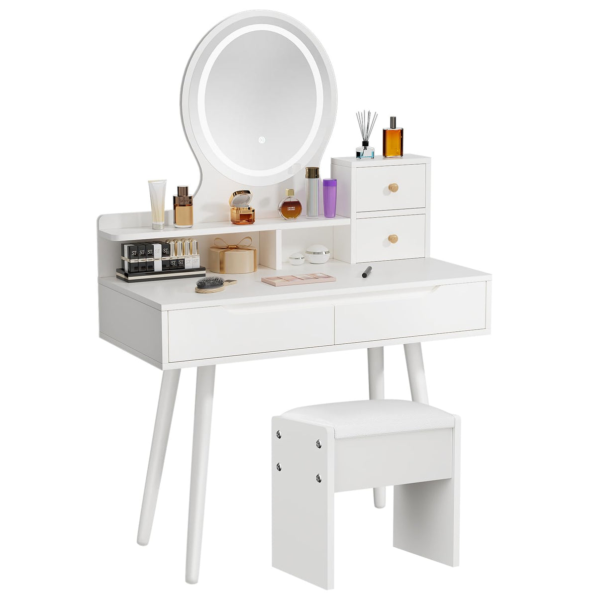 Dressing Table with Round Mirror and Stool, Small Vanity Desk, White