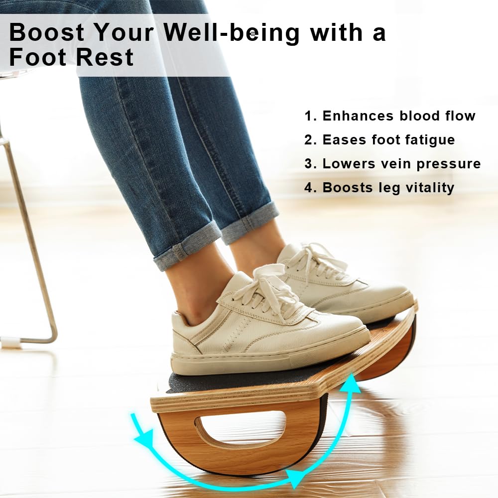 StrongTek Under Desk Foot Rest Rocker, Stool, Natural Wood, Non-Slip Surface, Ergonomic Pressure Relief for Proper Posture Support, Home, Work, and