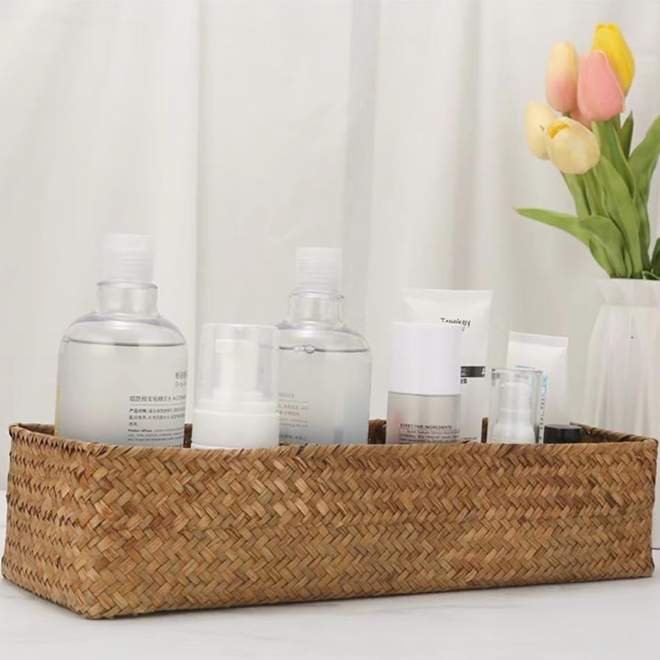 Toilet Tank Basket, Seagrass Storage Basket for Bathroom, Wicker Woven Bathroom Organizer with 3 Compartments, Small