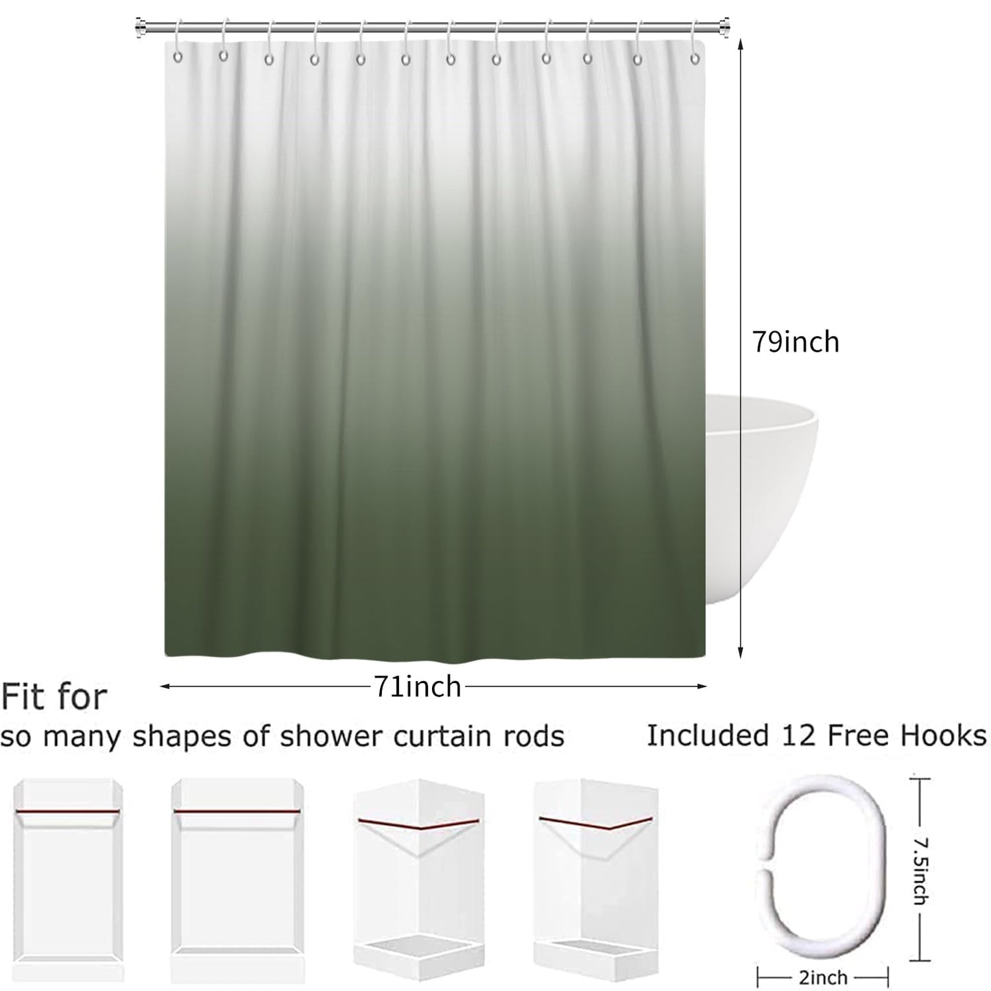 Hnmdmyi Sage Green Shower Curtain 180x200, Green and White Ombre Shower Curtains Elegant Modern Luxury Bathroom Curtains with Hooks Waterproof
