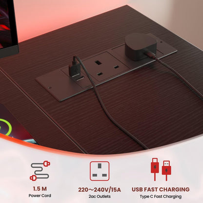 DOMSHOCT L Shaped Gaming Desk with Power Outlets, 100x70cm Corner Computer Desk with Large Reversible Shelves, Home Office Desk with Hooks for Writing