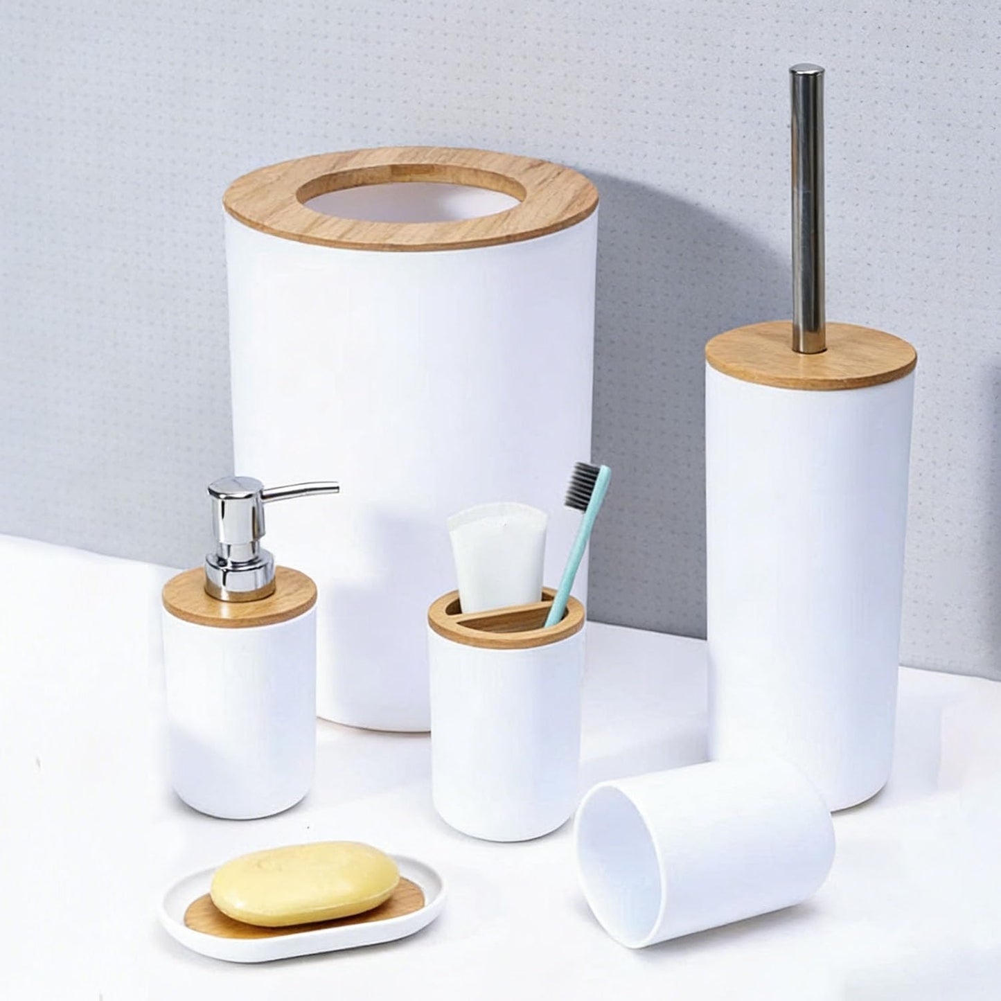 JETAINE 6 Pieces Bamboo Bathroom Accessories Modern Bathroom Accessory Set Luxury Bathroom Bin and Toilet Brush Set