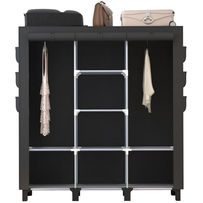 chunyangjingpin Portable Closet with 2 Hanging Rails & 8 Shelves, Bedroom Wardrobe with 18 Side Pockets, Foldable Garment Organiser (Black)