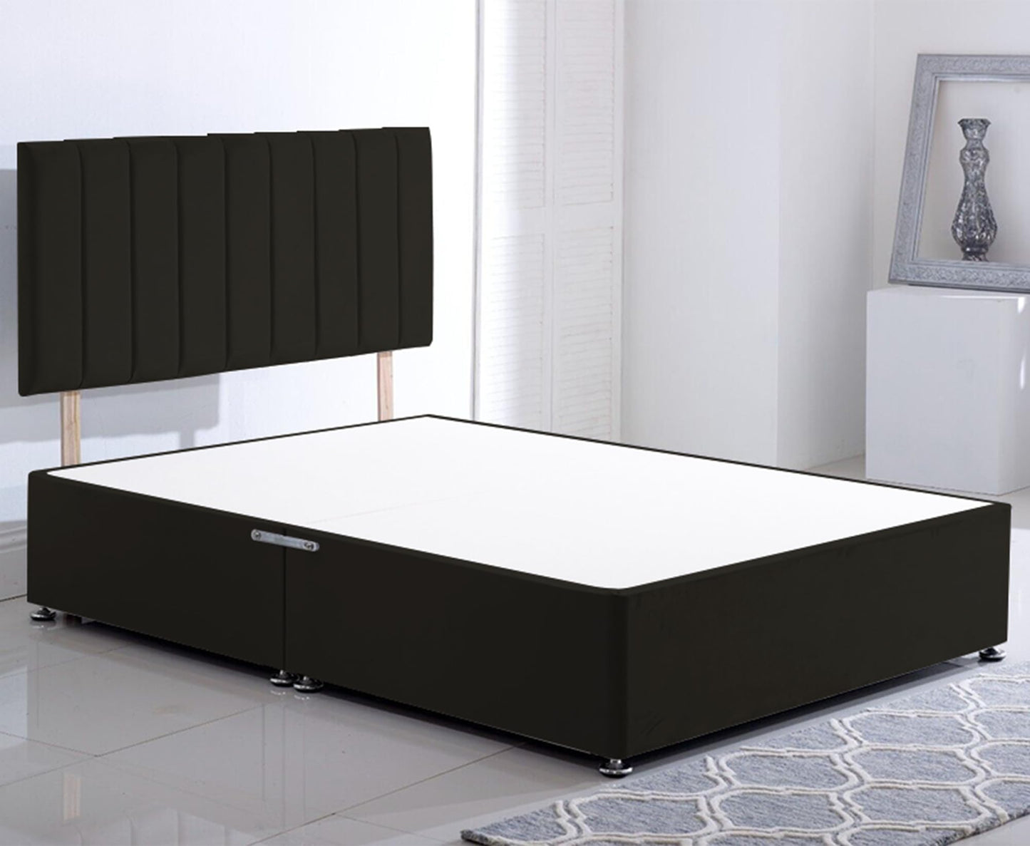 ComfoRest Double Divan Bed with No Drawers - 4FT6 - (Black Plush) - Minimalist Frame for Compact Bedrooms - Durable Design for Contemporary Living