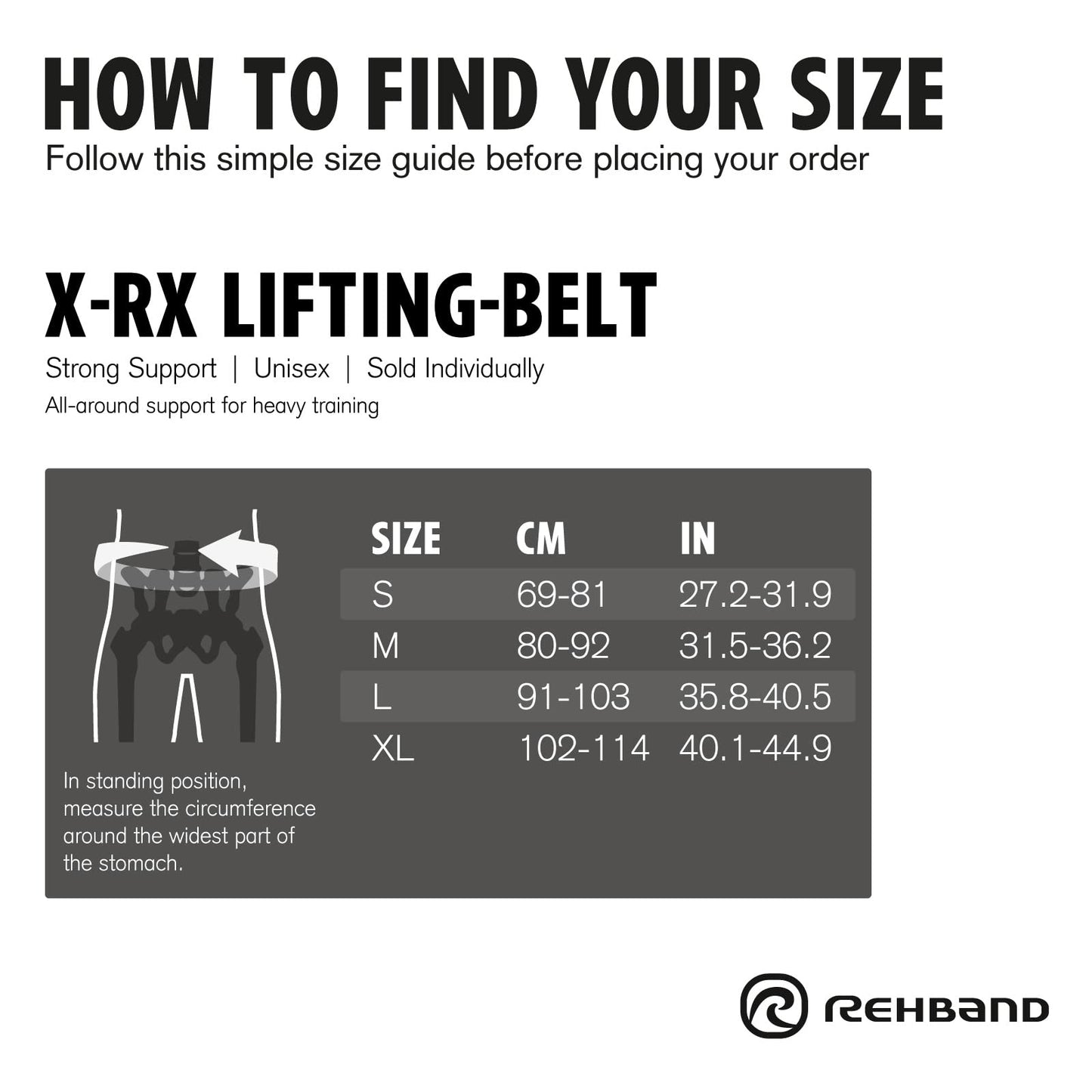 Rehband Weight Lifting Belt - Unisex, Heavy Duty Gym Belt, Black, Large