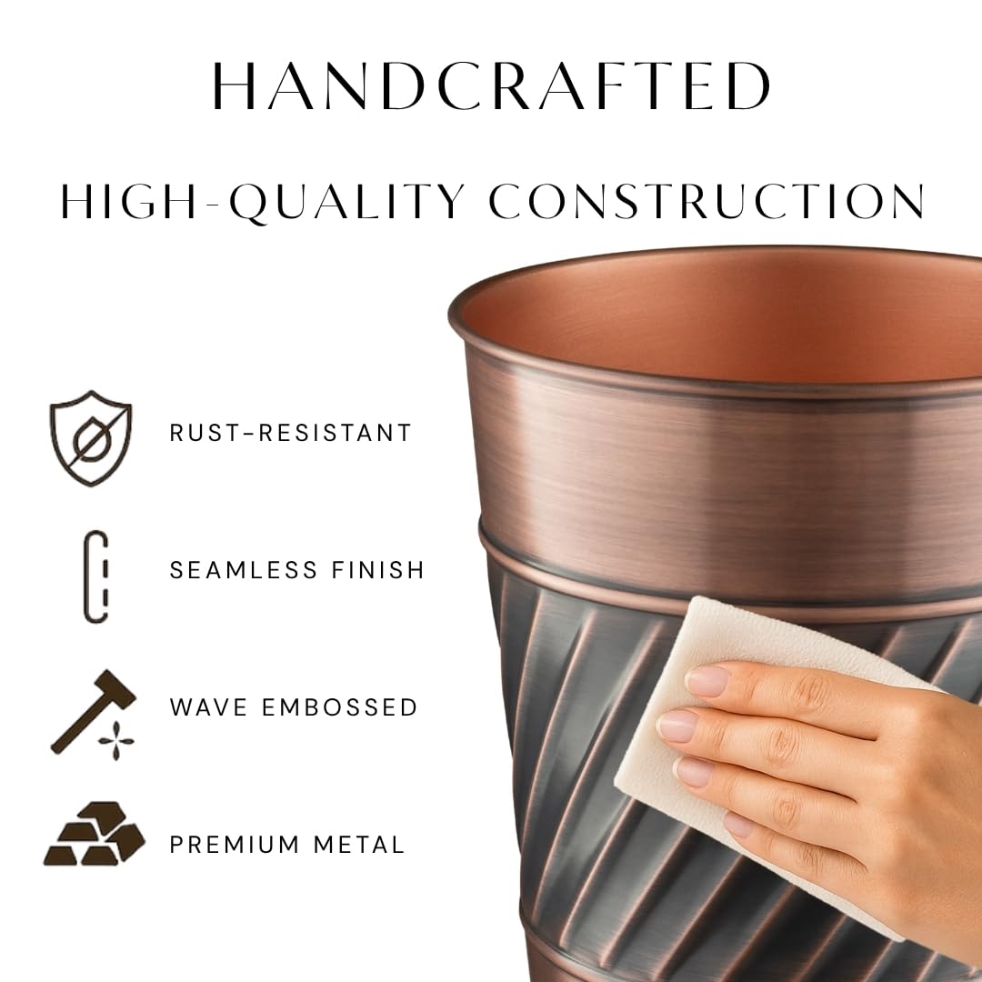 Monarch Abode 39628 Handcrafted, Wave Embossed, Metal Wastebasket Trash Can for Home Office Bedroom, Decorative Wastebasket, Modern Bathroom Decor