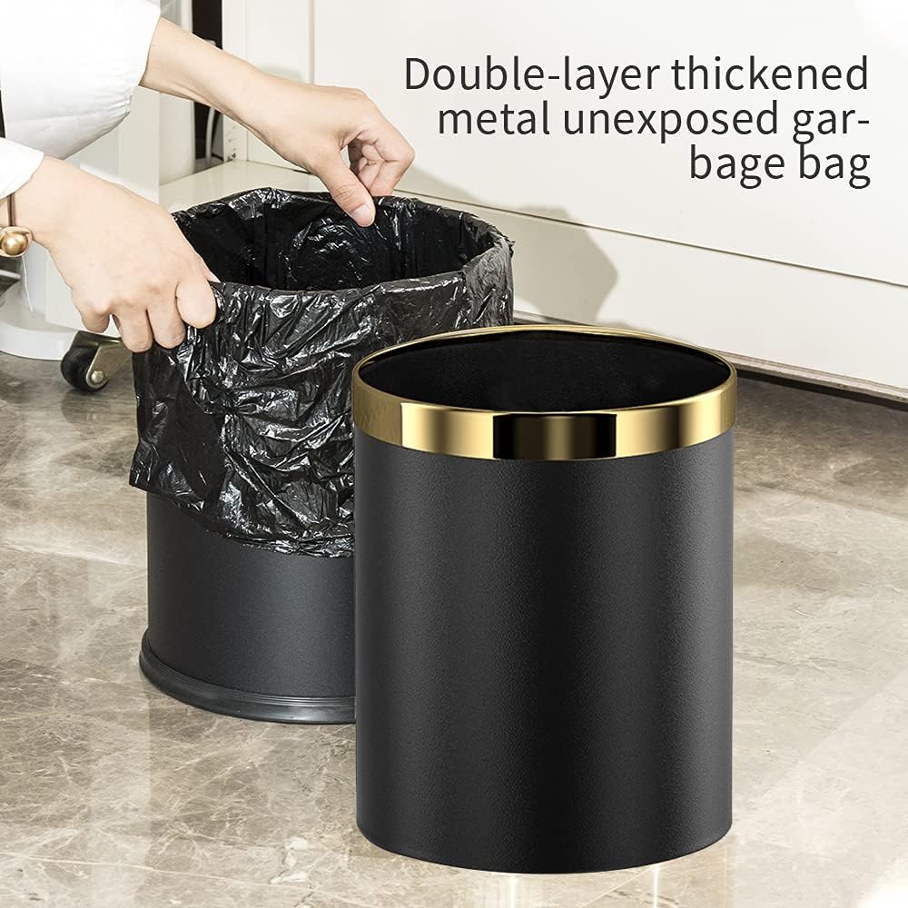 LEASYLIFE 10L/2.6GAL stainless steel trash bin,open top office wastebasket,small waste bin for office,bathroom,bedroom,hotel (black)