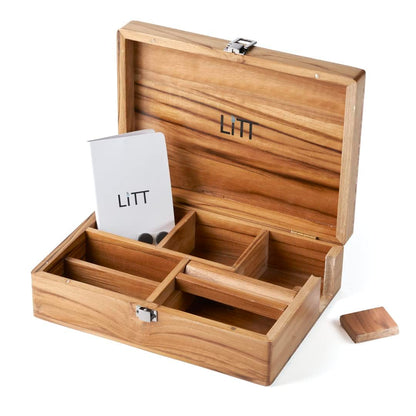 LITT Portable Teak Wooden Stash Box - Rolling Storage Set with Tray, Accessory with Lid - Discreet Secure Storage