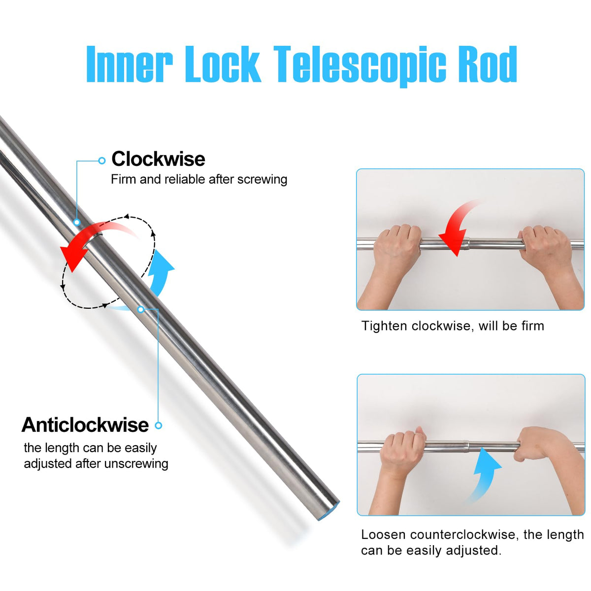 Wardlock 50-80 cm Extendable Stainless Steel Wardrobe Rail, Adjustable Clothes Rail Pole With U Shaped End Sockets.