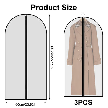 3 Pcs Dress Bags Coverss, 60 x 140cm Long Dress Covers Garment Bags for Hanging Clothes Protector Bag, Waterproof Dustproof Clothes Covers with Zip