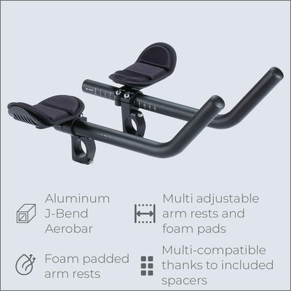 BBB Cycling AeroMax Aluminium Tri Bars | J-bend Aerobars for Road Bikes | Multi-adjustable PU Arm Pads | Compatible with 25.4/31.8 mm Bike Handlebars