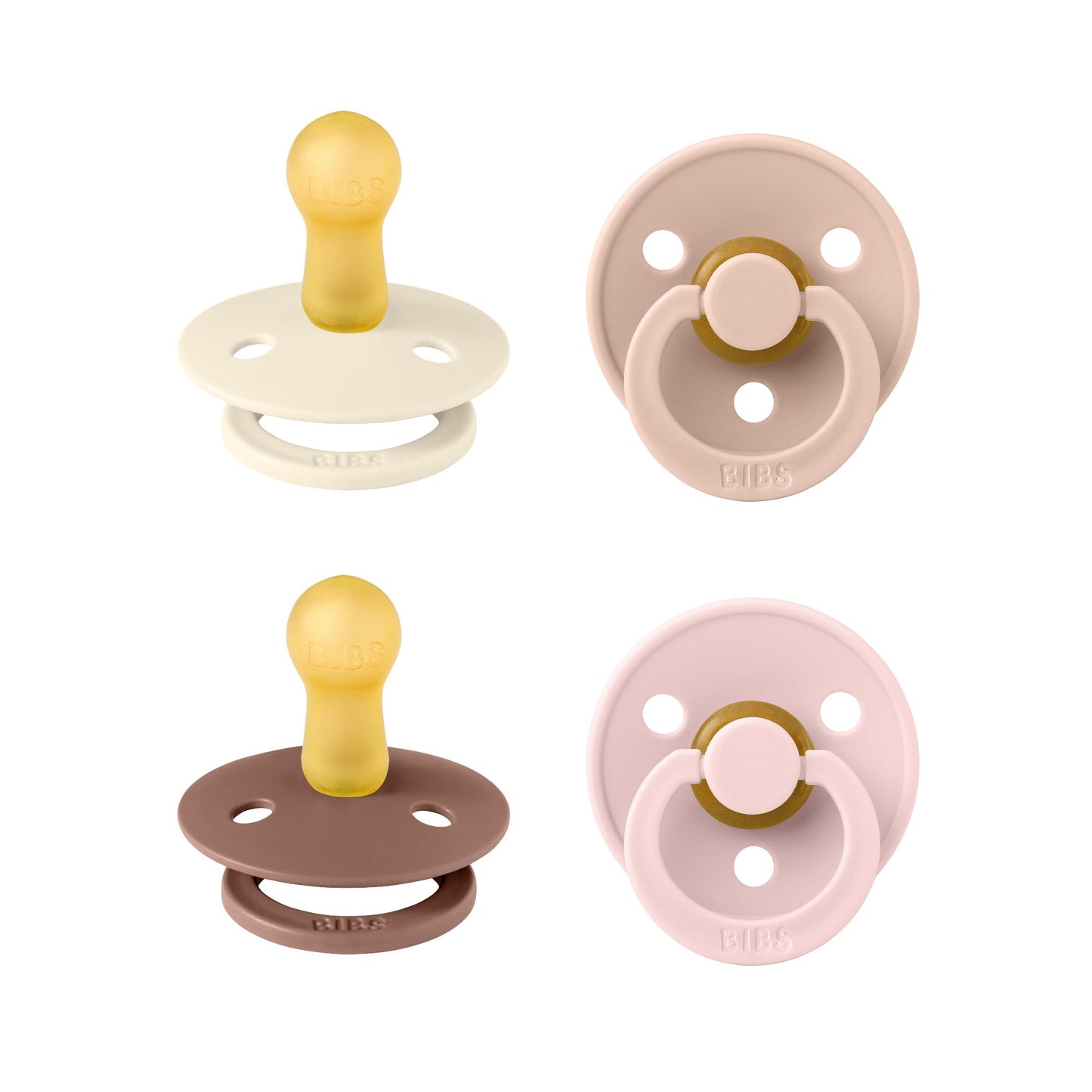 BIBS Dummies Colour 4-Pack, BPA Free Dummy Pacifier, Round Nipple Soothers, Natural Rubber Latex, Made in Denmark, Size 1 (0-6 Months), Vanilla Mix