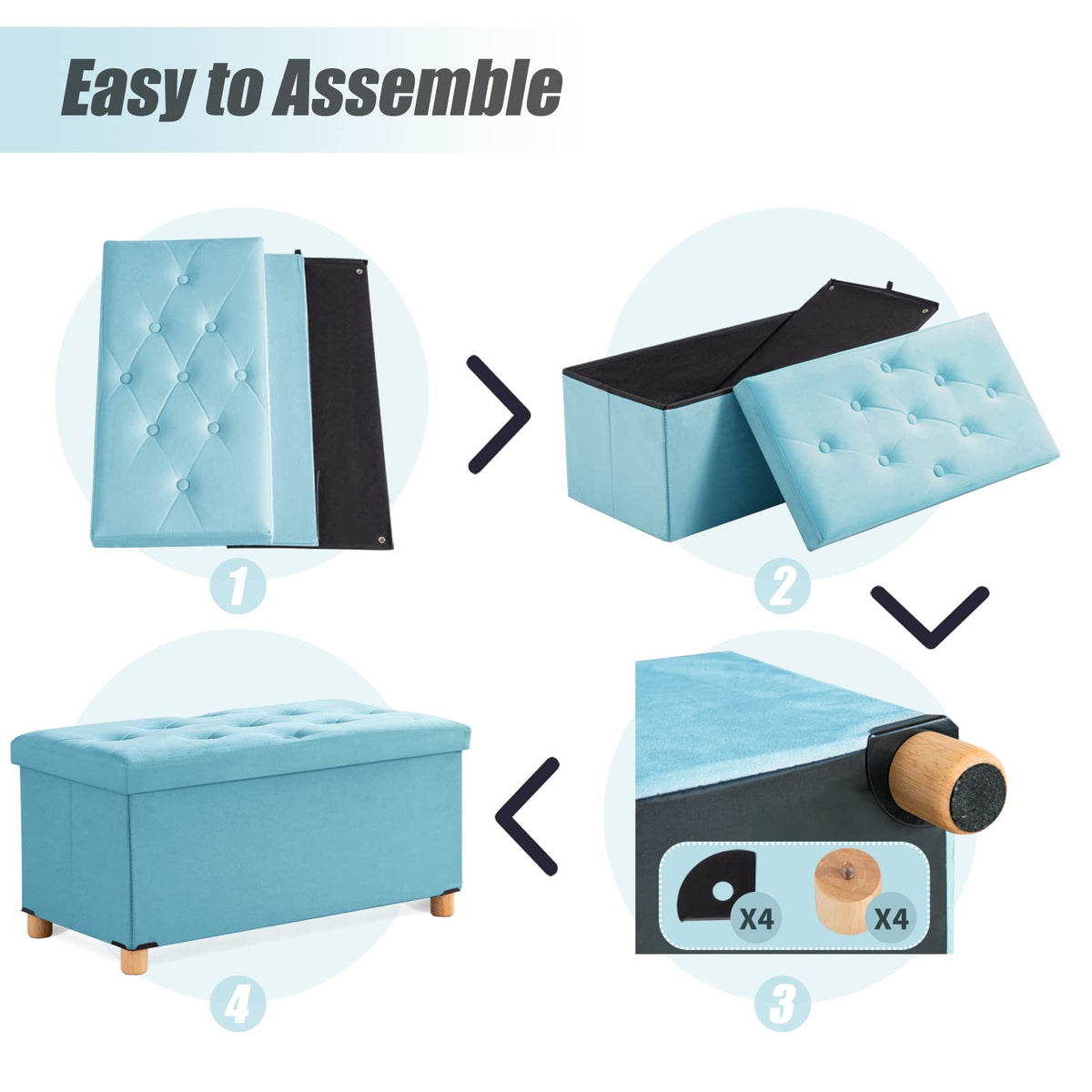 BRIAN & DANY Ottoman Storage Box with 4 Wood Legs, Velvet Storage Ottoman for Living Room, Teal, 76 x 38 x 38 cm