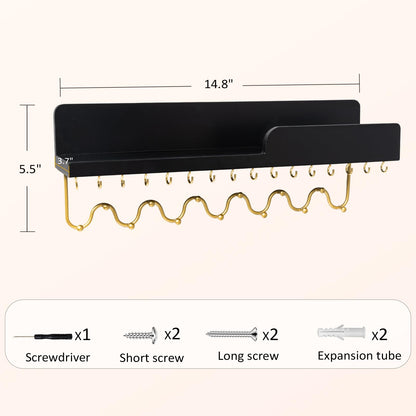 Lampaggio Hanging Jewelry Organizer with 29 Hooks and Cosmetics Shelf, Modern Wood Wall Mounted Jewelry Holder for Necklaces, Bracelets