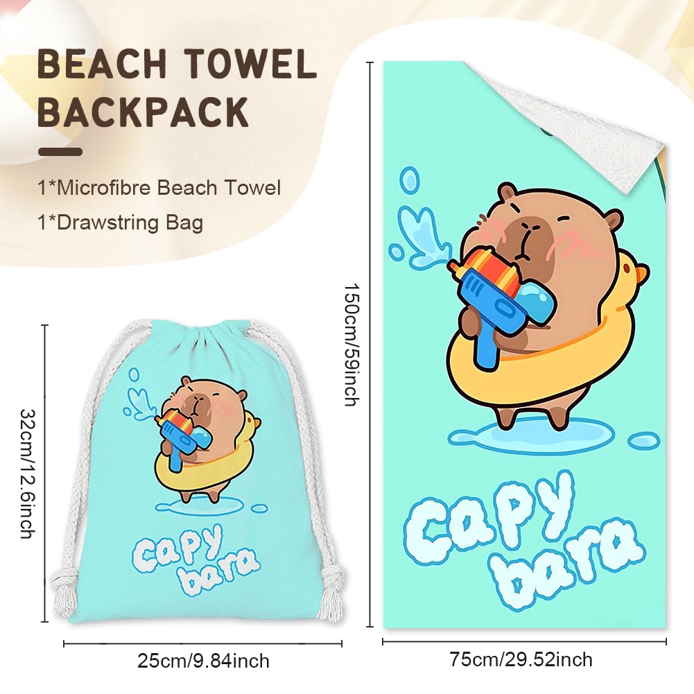Microfiber Capybara Beach Towel Sand Free Absorbent Extra Large Travel Towels for Adults Kids Microfibre Towels for Adults with Drawstring Bag 2in1